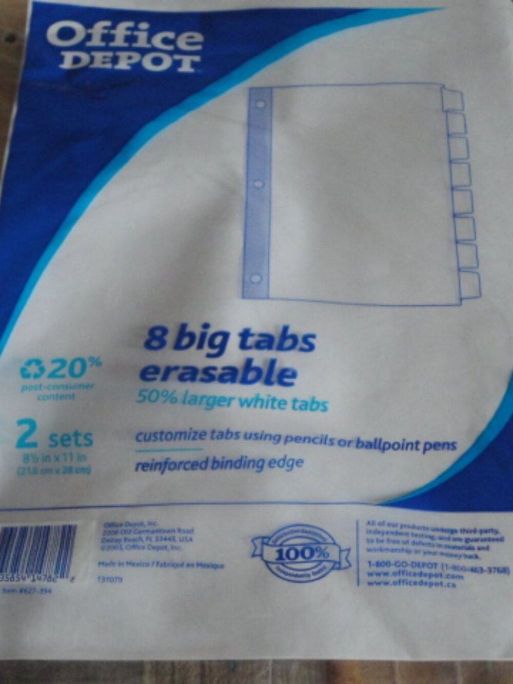 Office Depot 8 Big Tabs Erasable 50% Larger White Tabs